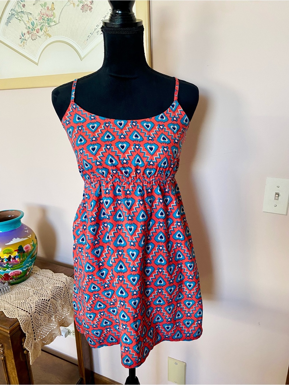 NEVER WORN XS/S/M Lightweight Red & Blue Geometric Heart Print Roxy Sundress